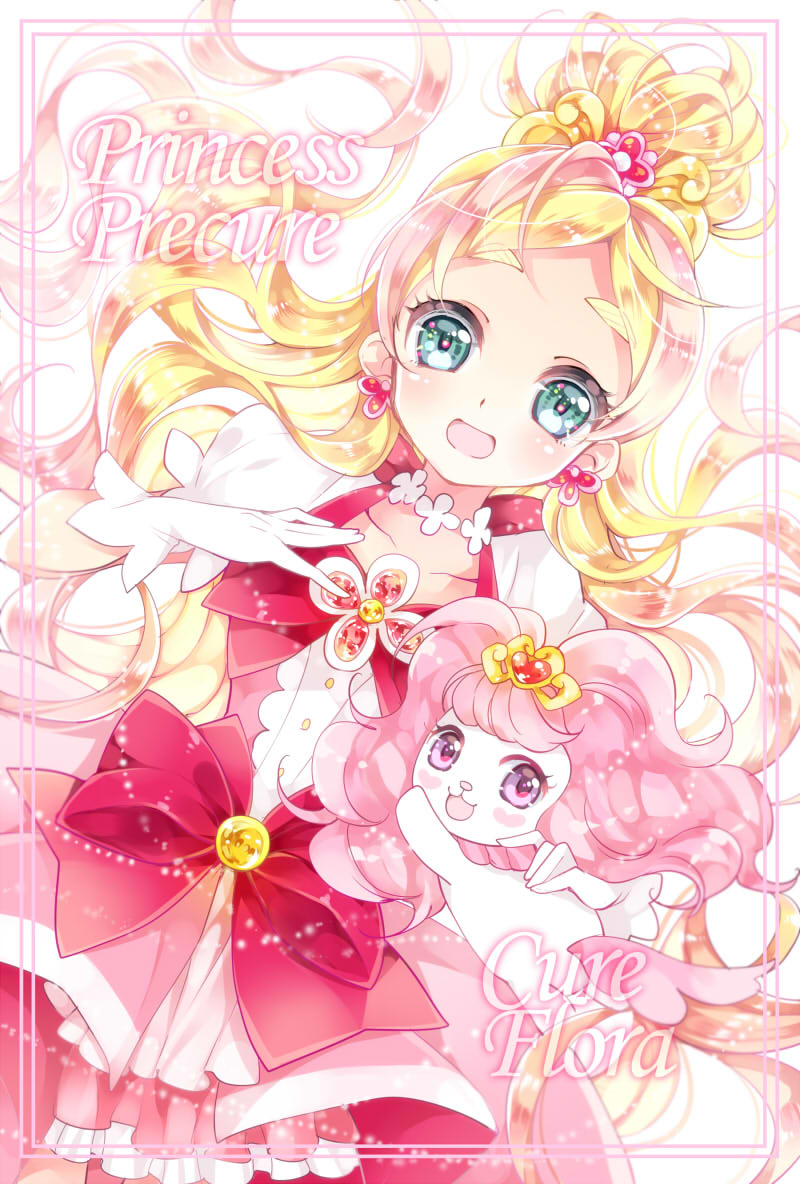 1girl artist_request blonde_hair blue_eyes blush cure_flora dress female gloves go!_princess_precure haruno_haruka long_hair magical_girl odango precure puff_(go!_princess_precure) ribbon smile source_request