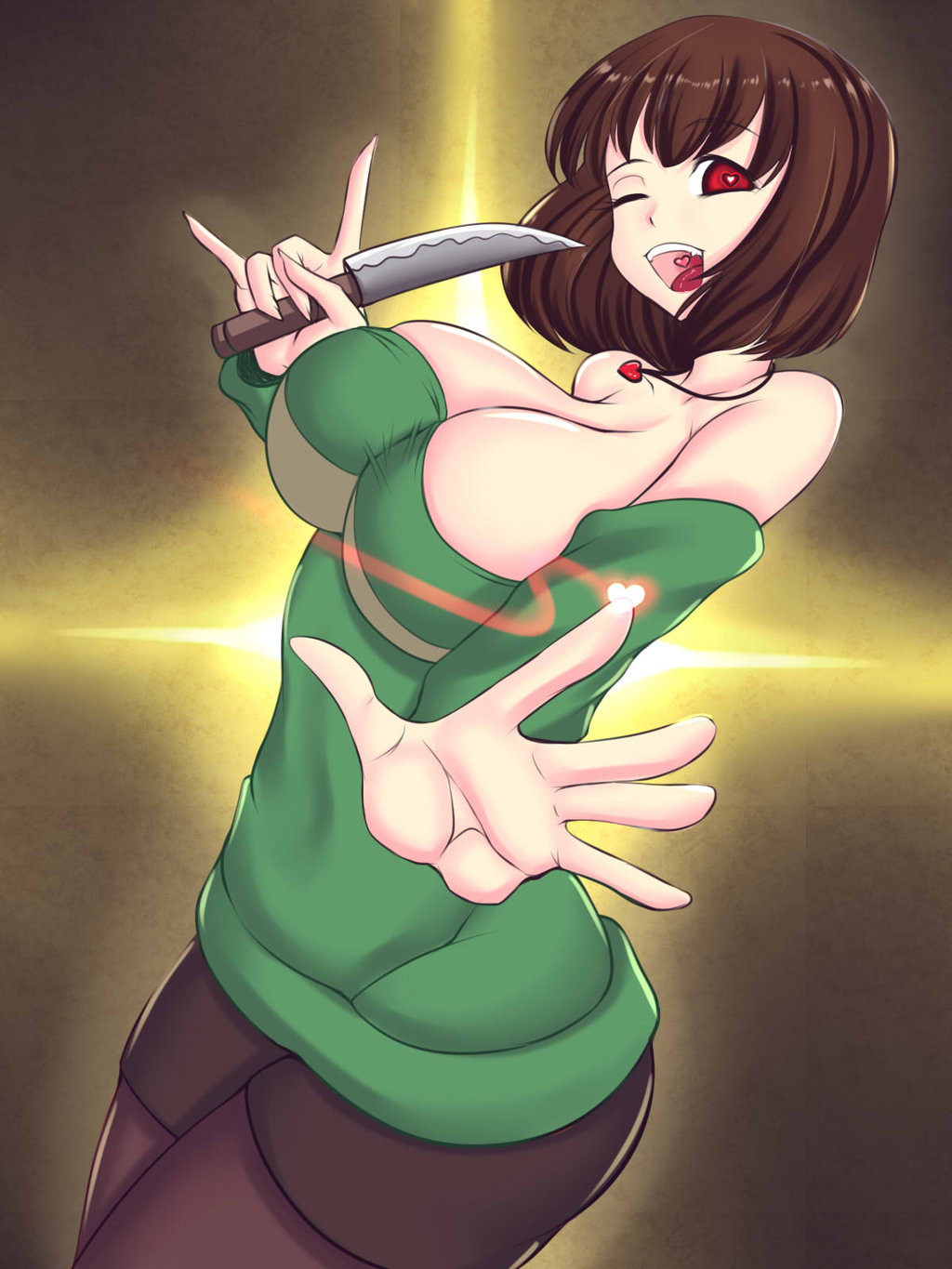 1girl \m/ bangs breasts brown_hair chara_(undertale) cleavage heart heart-shaped_pupils heart_in_mouth heart_necklace highres holding holding_knife knife kommankom large_breasts looking_at_viewer no_bra older one_eye_closed red_eyes solo symbol-shaped_pupils undertale