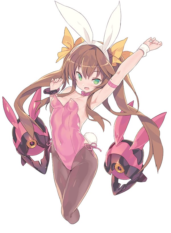 1girl animal_ears arm_up armlet armpits blade_(galaxist) bracelet brown_hair brown_legwear bunny_girl bunny_tail covered_navel cropped_legs fake_animal_ears fang green_eyes hairband huang_lingyin infinite_stratos jewelry leotard long_hair pantyhose rabbit_ears simple_background small_breasts solo tail twintails white_background wristband