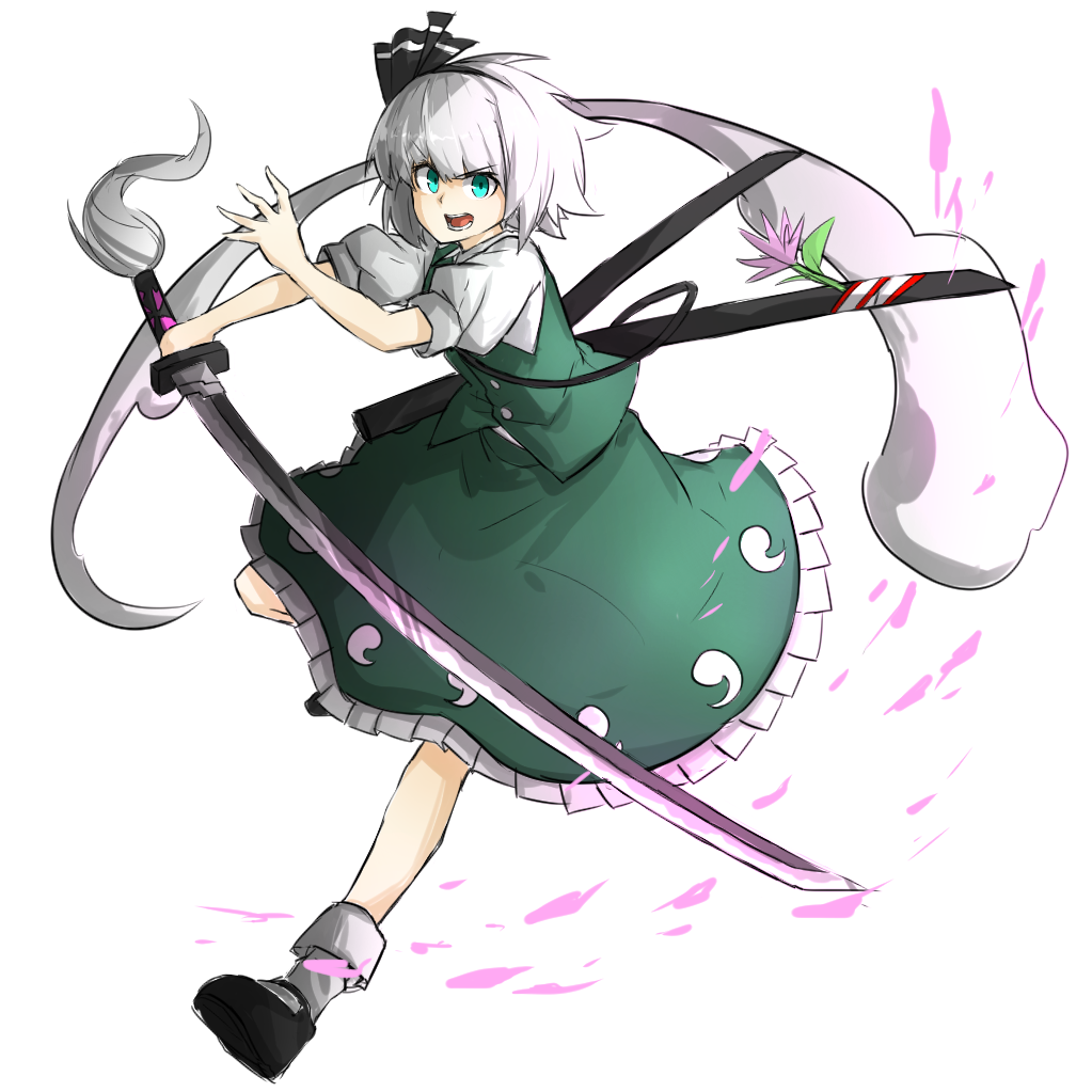 1girl blue_eyes bow hair_bow kan_(aaaaari35) katana konpaku_youmu konpaku_youmu_(ghost) open_mouth sheath silver_hair solo sword touhou weapon white_background