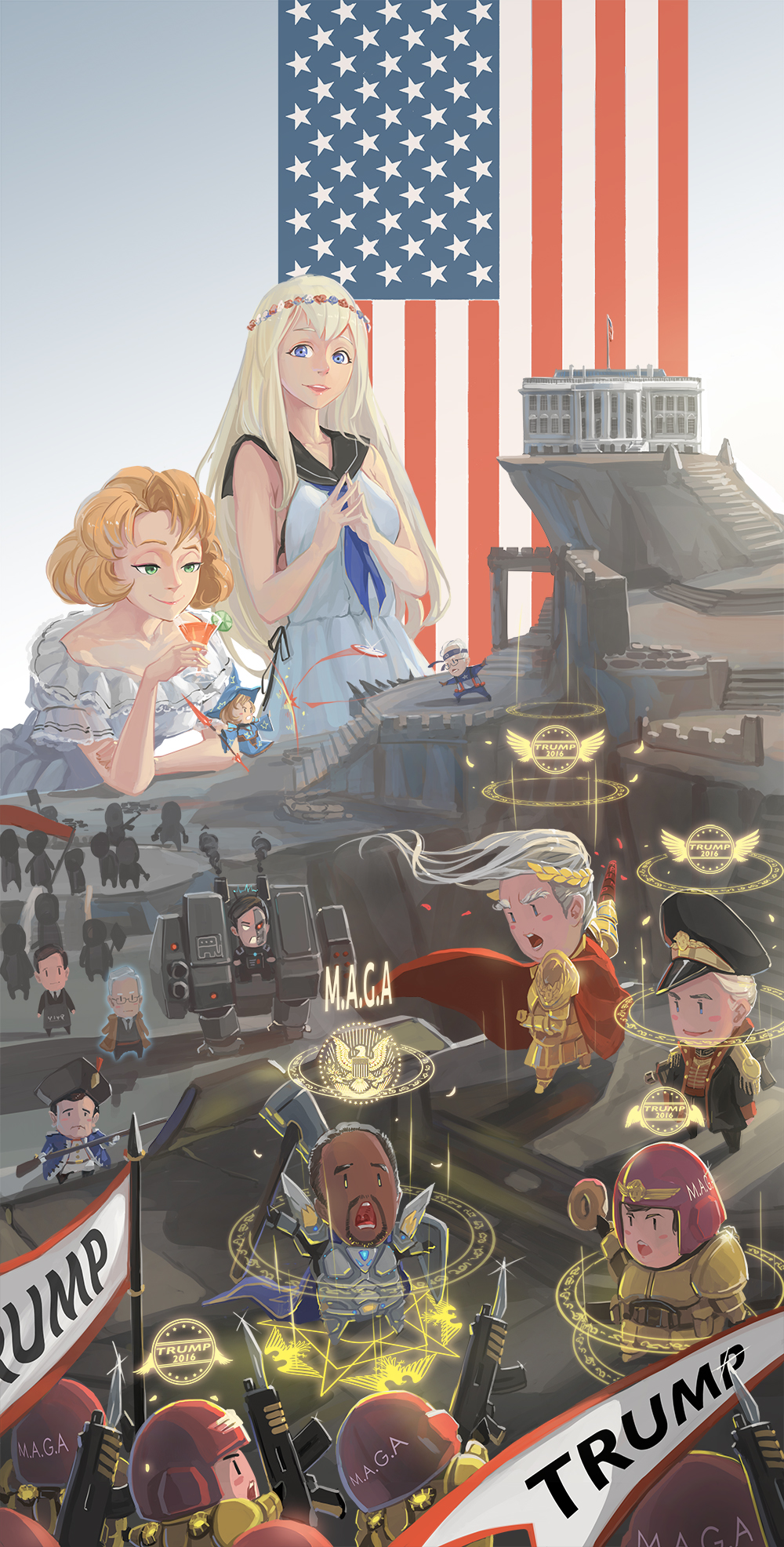 american_flag apron battle bayonet ben_carson bernie_sanders blonde_hair blue captain_america_(cosplay) character_request chris_christie cocktail cocktail_glass commissar cup donald_trump dreadnought drinking_glass emperor_of_mankind_(cosplay) eyes fairy_(kantai_collection) green_eyes gun highres hillary_clinton jeb_bush john_kasich looking_at_viewer marco_rubio marvel musket pacific rifle sima_naoteng star_wars ted_cruz uss_missouri_(bb-63) warhammer warhammer_40k weapon white_hair white_house