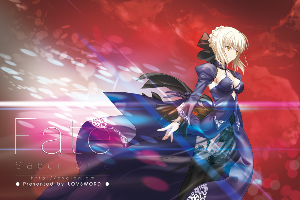 artist_request blonde_hair breasts character_name cleavage detached_sleeves dress english engrish fate/stay_night fate_(series) garter_straps ranguage saber saber_alter sideboob thigh-highs type-moon watermark web_address wind wind_lift yellow_eyes