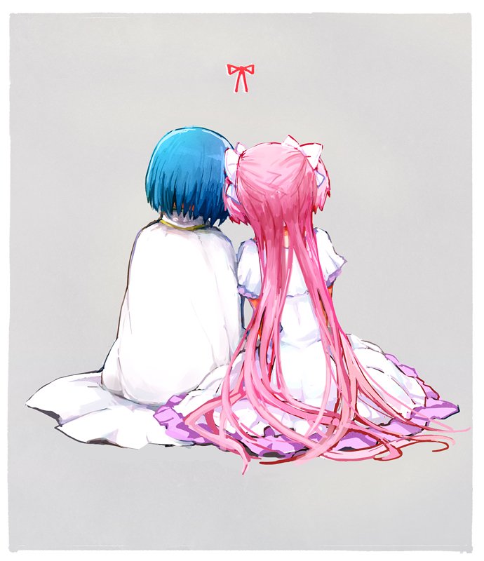 2girls blue_hair cape dress from_behind goddess_madoka long_hair mahou_shoujo_madoka_magica miki_sayaka multiple_girls pink_hair red_ribbon ribbon side-by-side silverxp sitting white_dress yuri