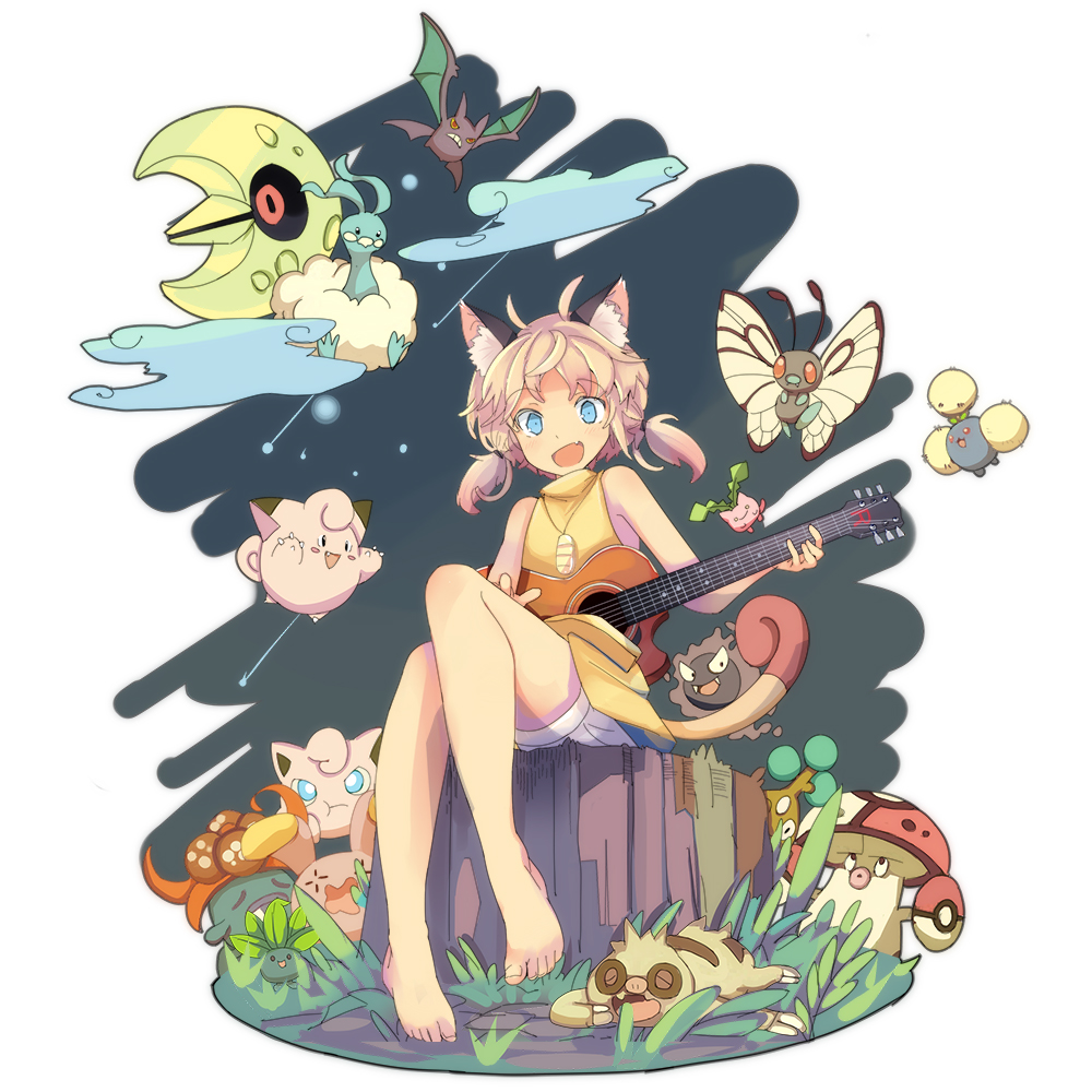 1girl altaria amoonguss animal_ears barefoot blue_eyes bonsly butterfree clefairy coin crobat gastly gloom grass guitar hoppip icywood instrument jewelry jigglypuff jumpluff lunatone meowth necklace oddish outdoors personification pokemon pokemon_(creature) sitting slakoth solo tree_stump whismur yawning