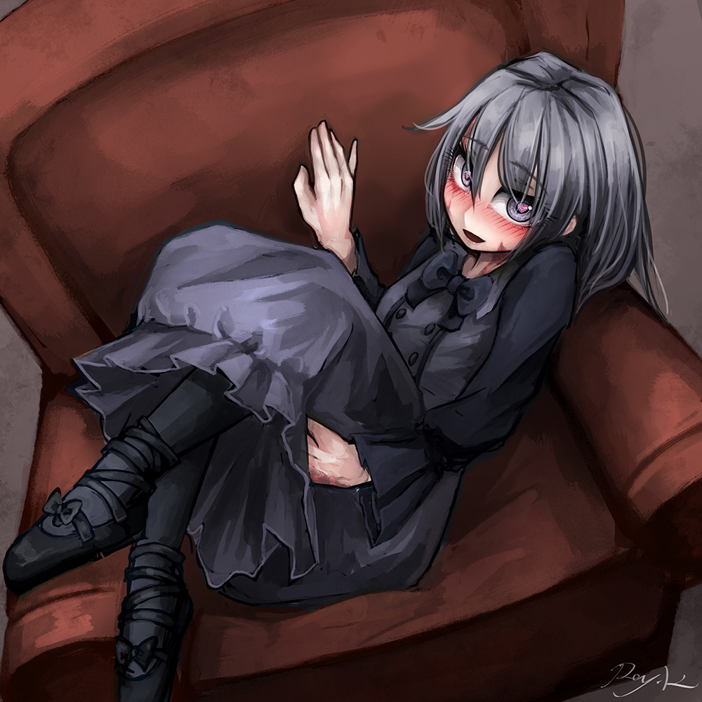 1girl ankle_lace-up armchair bent_knees black_dress black_hair black_legwear blush bow burn_scar chair cross-laced_footwear crossed_legs dorei_to_no_seikatsu_~teaching_feeling~ dress heart heart-shaped_pupils long_hair long_sleeves looking_at_viewer lying official_art on_back open_mouth ray-k scar shoes signature solo sylvie_(dorei_to_no_seikatsu) symbol-shaped_pupils violet_eyes