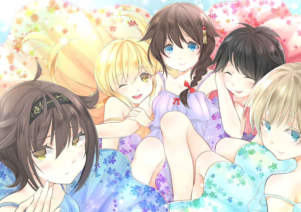 5girls ^_^ ahoge alternate_costume arm_holding bare_shoulders black_hair blonde_hair blue_dress blue_eyes blush bow braid closed_eyes closed_mouth clothes_writing dress eyebrows eyebrows_visible_through_hair floral_print from_above frown green_dress hair_between_eyes hair_bow hair_flaps hair_over_shoulder hand_on_another's_arm hatsuzuki_(kantai_collection) headband himawarino-tane kantai_collection long_hair looking_at_viewer matching_outfit mogami_(kantai_collection) multiple_girls purple_dress red_bow red_dress satsuki_(kantai_collection) shigure_(kantai_collection) single_braid sitting sleeveless sleeveless_dress small_breasts smile strap_slip sundress yellow_dress yellow_eyes z1_leberecht_maass_(kantai_collection)