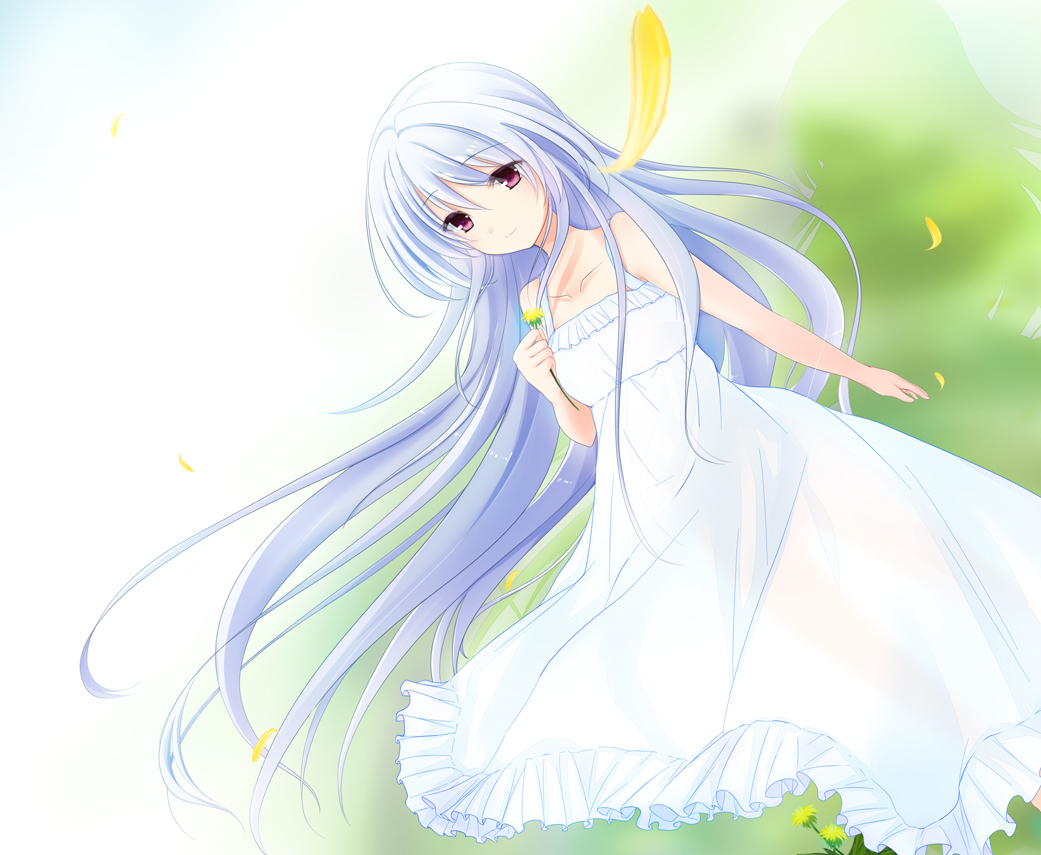 1girl dress flower gatakenjin grisaia_no_rakuen holding holding_flower kazami_kazuki long_hair outdoors silver_hair smile solo sundress violet_eyes white_dress