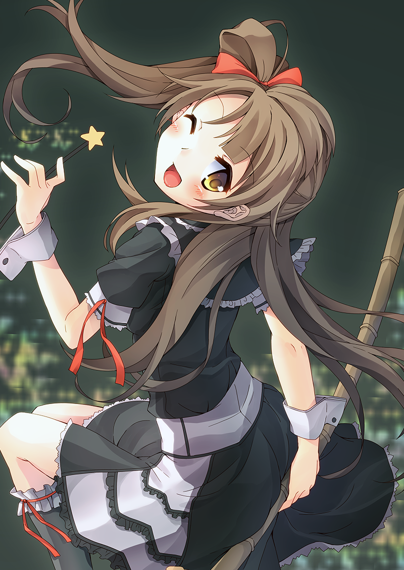 1girl bamboo_broom baton black_dress broom broom_riding brown_eyes brown_hair dress long_hair looking_at_viewer love_live!_school_idol_project minami_kotori one_eye_closed open_mouth oruto_(ort+) puffy_short_sleeves puffy_sleeves short_sleeves side_ponytail side_slit smile solo sparkle star very_long_hair wrist_cuffs