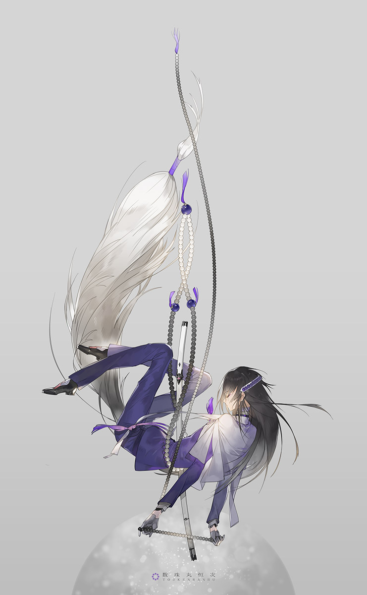 1boy absurdly_long_hair beads black_hair closed_eyes copyright_name gloves gradient_hair highres juzumaru_tsunetsugu katana long_hair low-tied_long_hair male_focus multicolored_hair sword touken_ranbu very_long_hair weapon white_gloves zhuzi