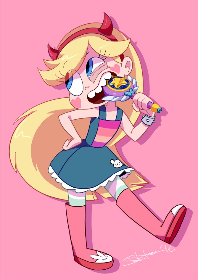 1girl biting blonde_hair blue_eyes boots dress hairband heart_cheeks horned_headwear long_hair sakiko_(gekiama) star_butterfly star_vs_the_forces_of_evil striped striped_legwear wand