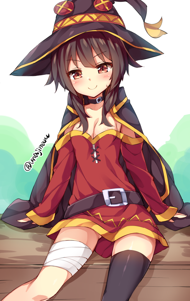 1girl alternate_breast_size bandaged_leg belt black_hair black_legwear blush breasts cape choker cleavage closed_mouth dress eyebrows eyebrows_visible_through_hair hat kono_subarashii_sekai_ni_shukufuku_wo! looking_at_viewer megumin red_eyes single_thighhigh sitting sleeves_past_wrists smile solo thigh-highs twitter_username unacchi_(nyusankin) witch_hat