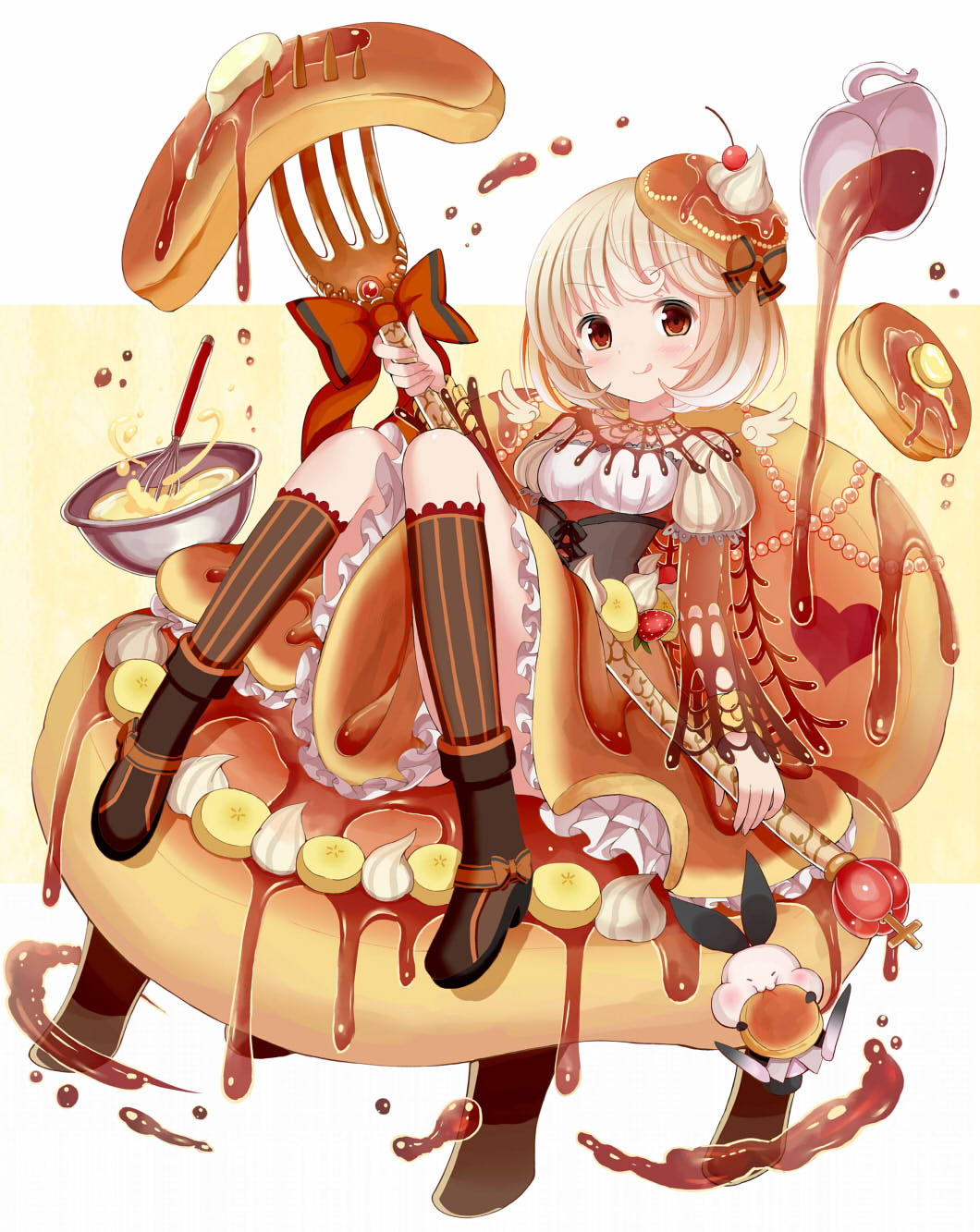 1girl banana_slice blonde_hair bowl brown_eyes cherry food food_as_clothes food_themed_clothes fork fruit givuchoko hair_ornament highres juliet_sleeves licking long_sleeves looking_at_viewer maple_syrup original pancake personification puffy_sleeves shirt short_hair sitting skirt smile solo whipped_cream whisk