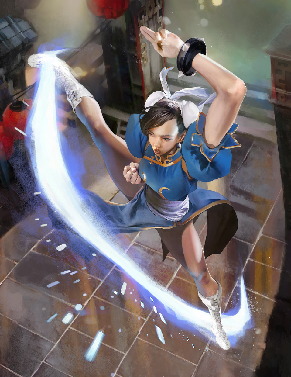 1girl asian boots breasts capcom china_dress chinese_clothes chun-li daniel_oduber dress dutch_angle energy epic highres kicking legs martial_arts pantyhose realistic signature sparks spikes street_fighter street_fighter_ii street_fighter_ii'_turbo:_hyper_fighting street_fighter_iv