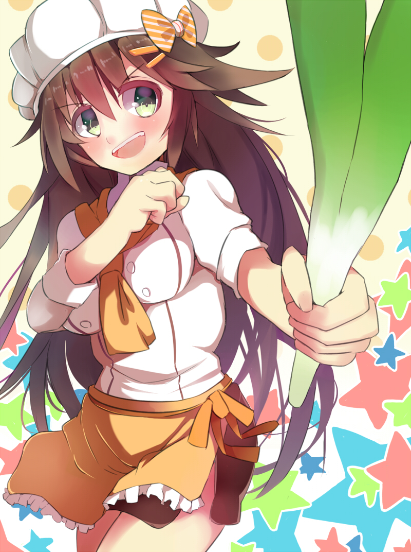 1girl :d ariaridoradora blush bow brown_hair clenched_hand cowboy_shot frills green_eyes hair_ornament hairclip hat himekawa_yuki holding idolmaster idolmaster_cinderella_girls long_hair looking_at_viewer open_mouth orange_bow short_sleeves simple_background smile solo spring_onion standing star striped striped_bow vegetable white_hat yellow_background