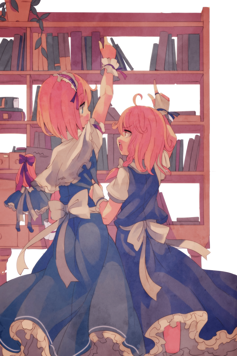 2girls alice_margatroid black_dress blonde_hair blue_dress book bookshelf bow braid bridal_gauntlets capelet commentary_request dress dress_tug fuukadia_(narcolepsy) hair_bow hairband height_difference highres kirisame_marisa lolita_hairband multiple_girls open_mouth plant pointing pointing_up potted_plant puffy_short_sleeves puffy_sleeves reaching sash shanghai_doll shirt short_sleeves single_braid touhou wrist_cuffs