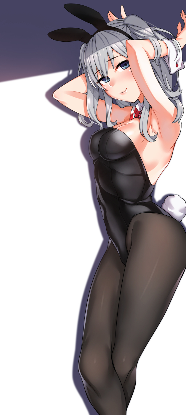 1girl animal_ears blue_eyes bow bowtie bunny_tail bunnysuit detached_collar grey_eyes highres inuhasiru kantai_collection kashima_(kantai_collection) leotard long_hair pantyhose rabbit_ears silver_hair solo standing tail twintails wrist_cuffs