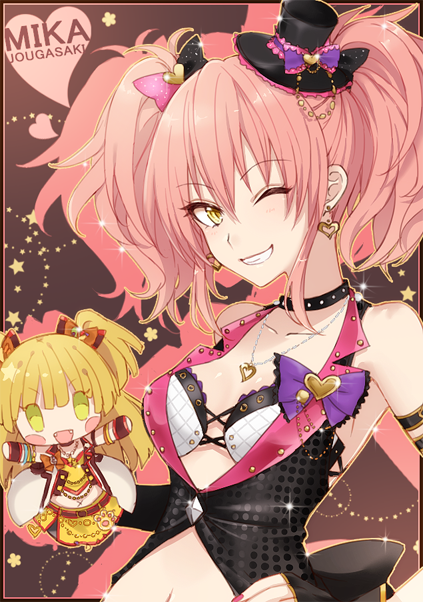 1girl blonde_hair character_doll choker earrings fangs grin hair_ribbon hand_on_hip hand_puppet hat heart heart_earrings heart_necklace idolmaster idolmaster_cinderella_girls idolmaster_cinderella_girls_starlight_stage jewelry jougasaki_mika jougasaki_rika looking_at_viewer mini_hat mini_top_hat nail_polish navel one_eye_closed open_mouth paw_print pink_hair puppet ribbon smile solo star tong1494 top_hat twintails yellow_eyes