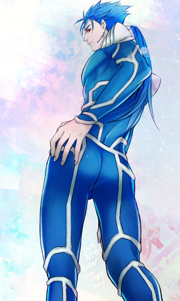 1boy ass blue_background blue_hair bodysuit earrings fate/stay_night fate_(series) hand_on_hip jewelry jun_(ash) lancer long_hair looking_at_viewer looking_back male_focus pink_background ponytail red_eyes shoulder_pads solo