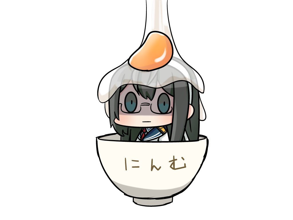 1girl :i black_hair bowl chibi egg egg_yolk glasses green_eyes kagami_(kagamina) kantai_collection ooyodo_(kantai_collection)
