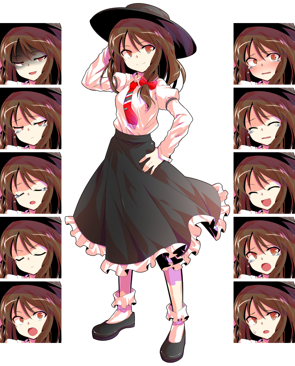 &gt;:) 1girl :o alphes_(style) arm_up asymmetrical_hair black_hat black_shoes black_skirt blush bobby_socks bow brown_eyes brown_hair closed_mouth collared_shirt crying crying_with_eyes_open dairi evil_smile expressions fedora frilled_skirt frills full-face_blush grey_background hair_bow half-closed_eyes hand_in_hair hand_on_hip hat long_skirt long_sleeves looking_at_viewer necktie parody red_bow red_necktie shaded_face shirt shoes short_hair simple_background skirt sleeve_cuffs smile socks standing style_parody sweatdrop teardrop tears touhou usami_renko white_legwear white_shirt wince
