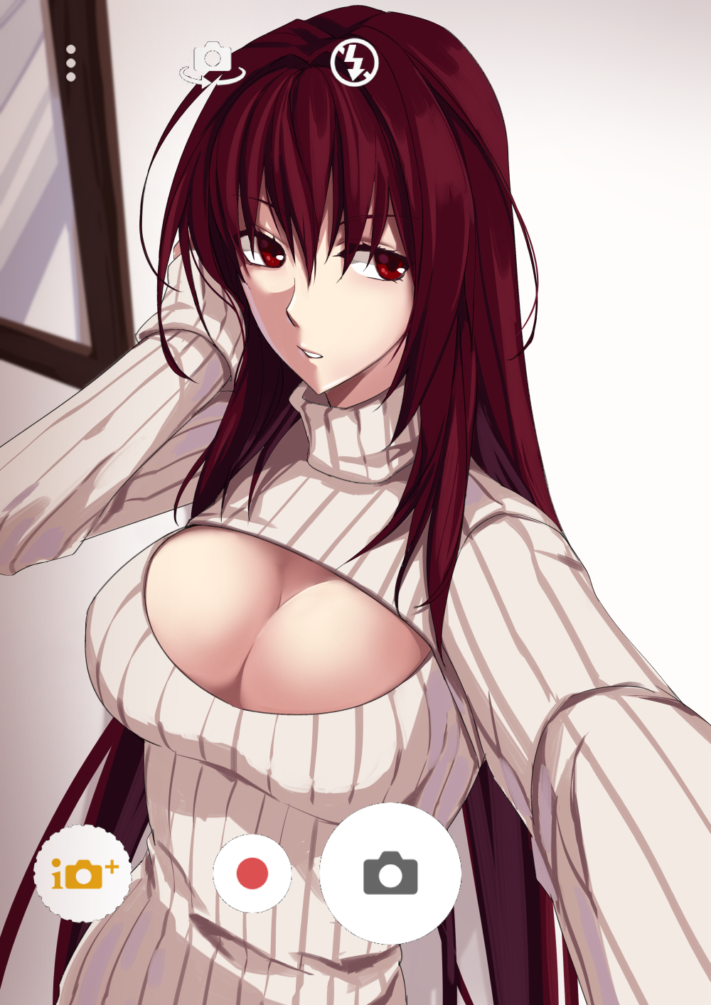 1girl breasts cleavage directional_arrow fate/grand_order fate_(series) frame hand_on_own_head highres jh large_breasts long_hair long_sleeves looking_to_the_side naked_sweater open-chest_sweater purple_hair recording red_eyes redhead scathach_(fate/grand_order) self_shot solo sweater taking_picture turtleneck upper_body viewfinder