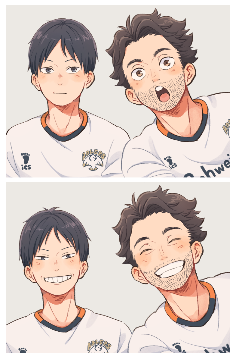 2boys black_hair blue_eyes brown_eyes brown_hair commentary_request facial_hair grin haikyuu!! jersey kageyama_tobio laugh_111 looking_at_viewer male_focus multiple_boys nicolas_romero short_hair smile sportswear stubble teeth volleyball_uniform