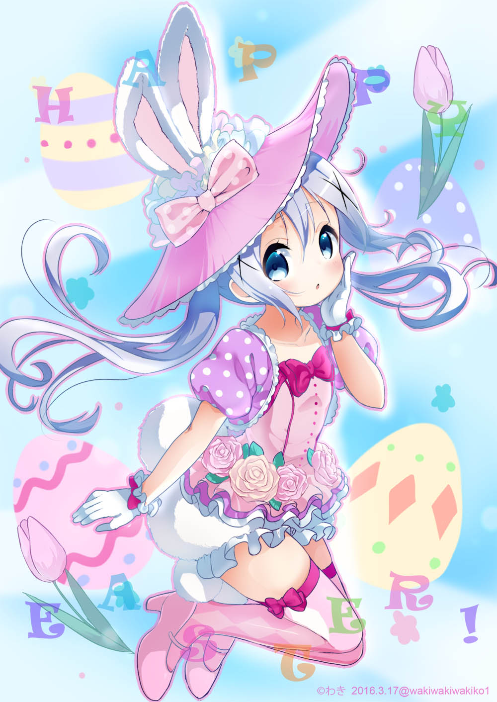 1girl artist_name blue_eyes bow bunny_tail commentary_request dated easter easter_egg flower garters gloves gochuumon_wa_usagi_desu_ka? hair_ornament hairpin hand_on_own_cheek hat hat_bow high_heels highres jumping kafuu_chino looking_at_viewer neki_(wakiko) puffy_pants ribbon silver_hair solo tail thigh-highs thigh_ribbon tulip twintails twitter_username white_gloves