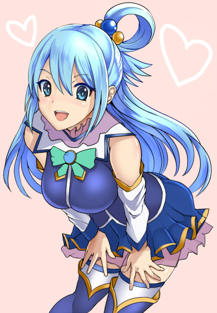 1girl aqua_(konosuba) blue_eyes blue_hair blush boots detached_sleeves kono_subarashii_sekai_ni_shukufuku_wo! koucha_maru long_hair open_mouth thigh-highs thigh_boots