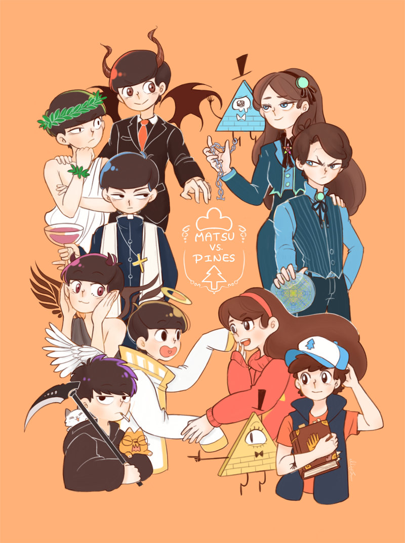 &gt;:( 2girls 6+boys :&gt; :3 :d ahoge alternate_costume angel animal bangs bare_shoulders baseball_cap bill_cipher black_bow black_bowtie black_eyes black_hat black_jacket black_pants black_shirt black_wings blue_eyes blue_pants blue_shirt book bookmark bow bowtie brooch brother_and_sister brothers brown_eyes brown_hair cassock cat chain cigar clenched_hand closed_mouth collared_shirt commentary crescent crop_top cross cross_necklace dark_persona death demon demon_horns demon_tail demon_wings dipper_pines dual_persona eye_contact eyelashes facial_mark feathered_wings forehead_mark formal frown gem gravity_falls hairband halo hand_in_pocket hand_on_another's_shoulder hand_to_own_mouth hands_on_own_chest hat head_rest head_wreath heart heart_in_mouth high_collar holding holding_book holding_cat holding_drinking_glass holding_weapon horns jacket jewelry jitome liquid long_hair long_sleeves looking_at_another looking_to_the_side mabel_pines matsuno_choromatsu matsuno_ichimatsu matsuno_juushimatsu matsuno_karamatsu matsuno_osomatsu matsuno_todomatsu mouth_hold multiple_boys multiple_girls neck_ribbon necktie open_mouth orange_background osomatsu-kun osomatsu-san pants parted_bangs pine_tree pinky_out pointing priest purple_hair red_eyes red_necktie restrained ribbon riceiscolourblind scythe sextuplets shirt short_sleeves siblings sleeves_past_wrists smile smoke smoking star stole suit sweater swept_bangs t-shirt tail tears toga top_hat tree triangle turtleneck twins vest white_wings wings