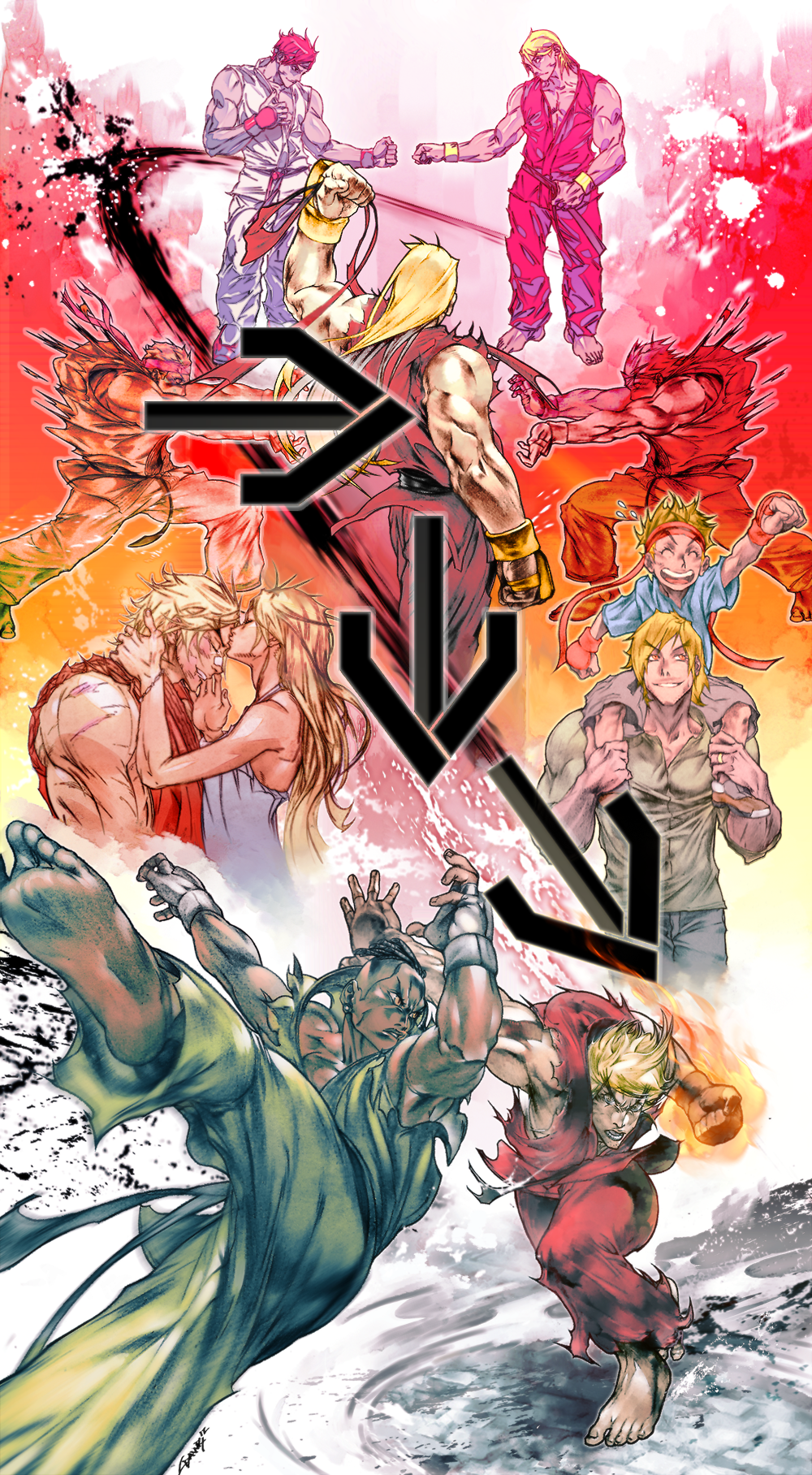 1girl barefoot battle blonde_hair carrying dark_skin dougi eliza_masters father_and_son fire forehead_kiss highres husband_and_wife jewelry ken_masters kiss larry_d_warren_jr. long_hair mel_masters multiple_boys muscle punching ring ryuu_(street_fighter) sean_matsuda short_hair shoulder_carry shouryuuken solo_focus street_fighter street_fighter_iii uppercut wedding_band