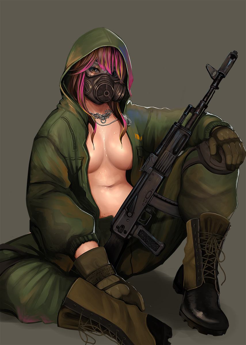 1girl ak-74 assault_rifle bangs boots breasts brown_eyes center_opening cross-laced_footwear dog_tags eyelashes gas_mask gloves gun highres hood jewelry jumpsuit jun_jun knee_pads lace-up_boots large_breasts long_hair long_sleeves looking_at_viewer multicolored_hair navel necklace no_shirt original rifle shade shadow simple_background sitting solo stomach sweat swept_bangs weapon