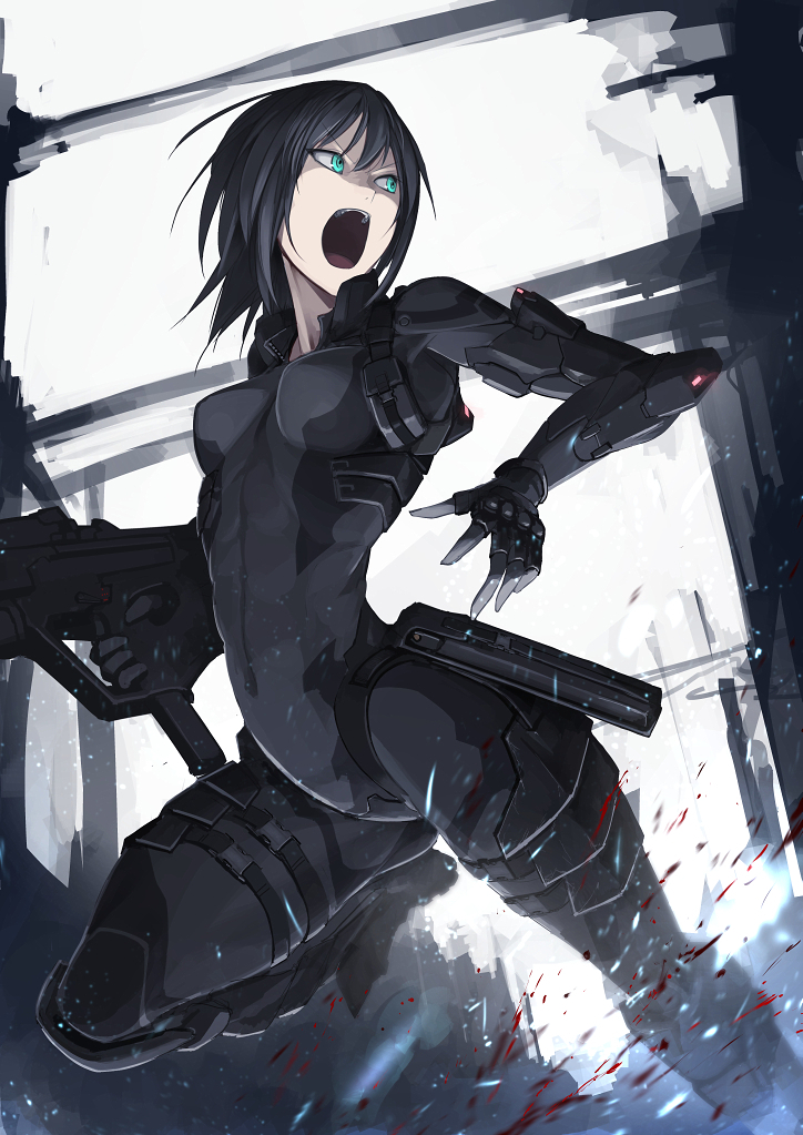 action aqua_eyes arched_back black_hair blood bodysuit commentary_request gun hetza_(hellshock) looking_to_the_side military open_mouth original short_hair weapon