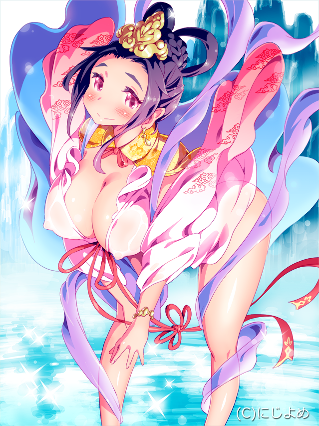 1girl black_hair braid breasts covered_nipples dress flowing_dress french_braid hair_rings hair_up hands_on_own_thighs large_breasts leaning_forward looking_at_viewer red_eyes smile water watermark zasha