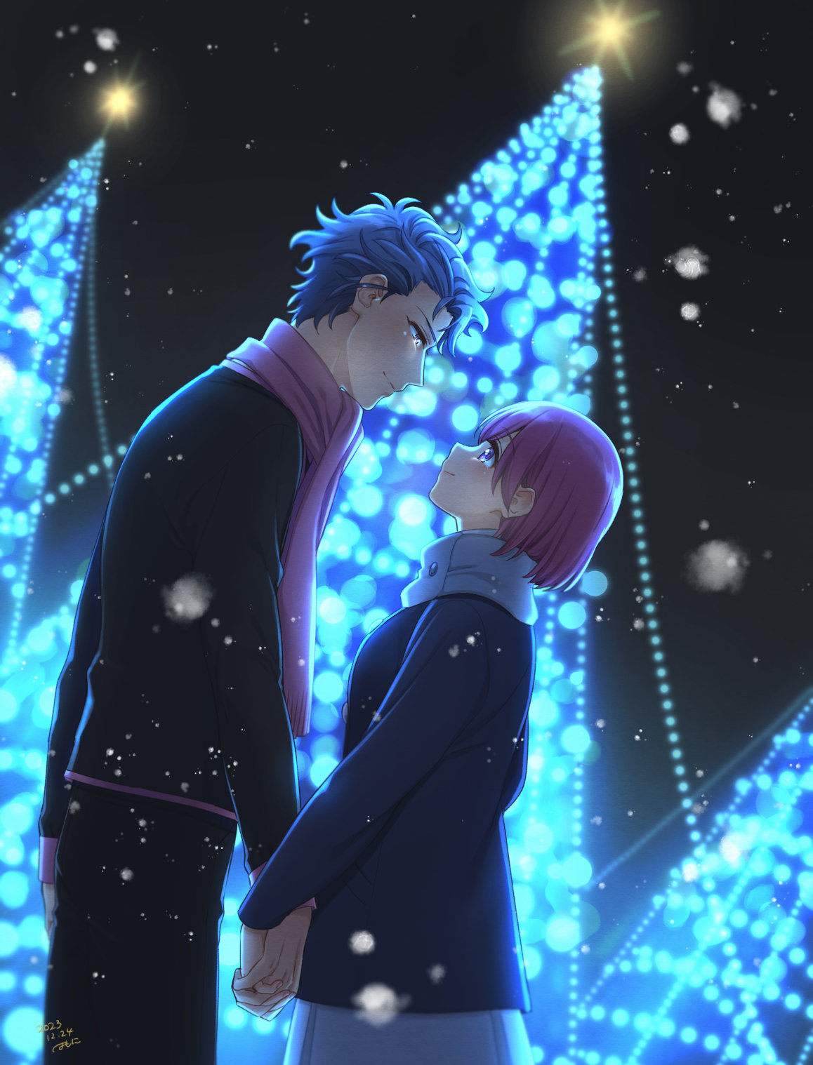 1boy 1girl artist_name black_jacket black_pants blue_eyes blue_jacket blurry blurry_foreground bob_cut breasts christmas christmas_lights christmas_tree closed_mouth couple dated grey_hair hetero highres holding_hands jacket krudears long_sleeves looking_at_another medium_breasts pants pink_hair pink_scarf protagonist_(tokimemo_gs3) red_eyes scarf shitara_seiji short_hair skirt smile snow tokimeki_memorial tokimeki_memorial_girl's_side_3rd_story white_skirt