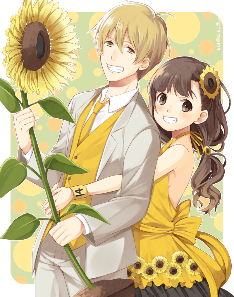 1boy 1girl alternate_costume alternate_hairstyle bangs blonde_hair blush border bow braid brown_eyes brown_hair collared_shirt cowboy_shot dress f6 floral_print flower formal from_side grin hair_flower hair_ornament hair_tie halterneck hetero holding holding_flower hug hug_from_behind jacket juushimatsu's_girlfriend long_hair long_sleeves looking_at_viewer low-tied_long_hair matsuno_juushimatsu number osomatsu-kun osomatsu-san own_hands_together pants pink_lips rounded_corners shirt sleeveless sleeveless_dress smile suit sunflower sunflower_print twitter_username una white_shirt wristband yellow_bow yellow_dress yellow_eyes yellow_flower yellow_vest