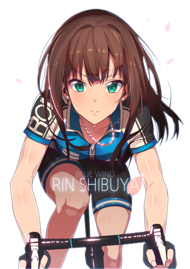 1girl :&gt; bangs bicycle bike_shorts biker_clothes black_gloves blunt_bangs brown_hair character_name cherry_blossoms closed_mouth clothes_writing collarbone dripping ear_studs earrings english erere fingerless_gloves gloves green_eyes idolmaster idolmaster_cinderella_girls jewelry leaning_forward long_hair looking_at_viewer necklace petals riding shibuya_rin shiny shiny_skin short_sleeves sidelocks simple_background sitting smile solo sweat sweatdrop sweating white_background zipper