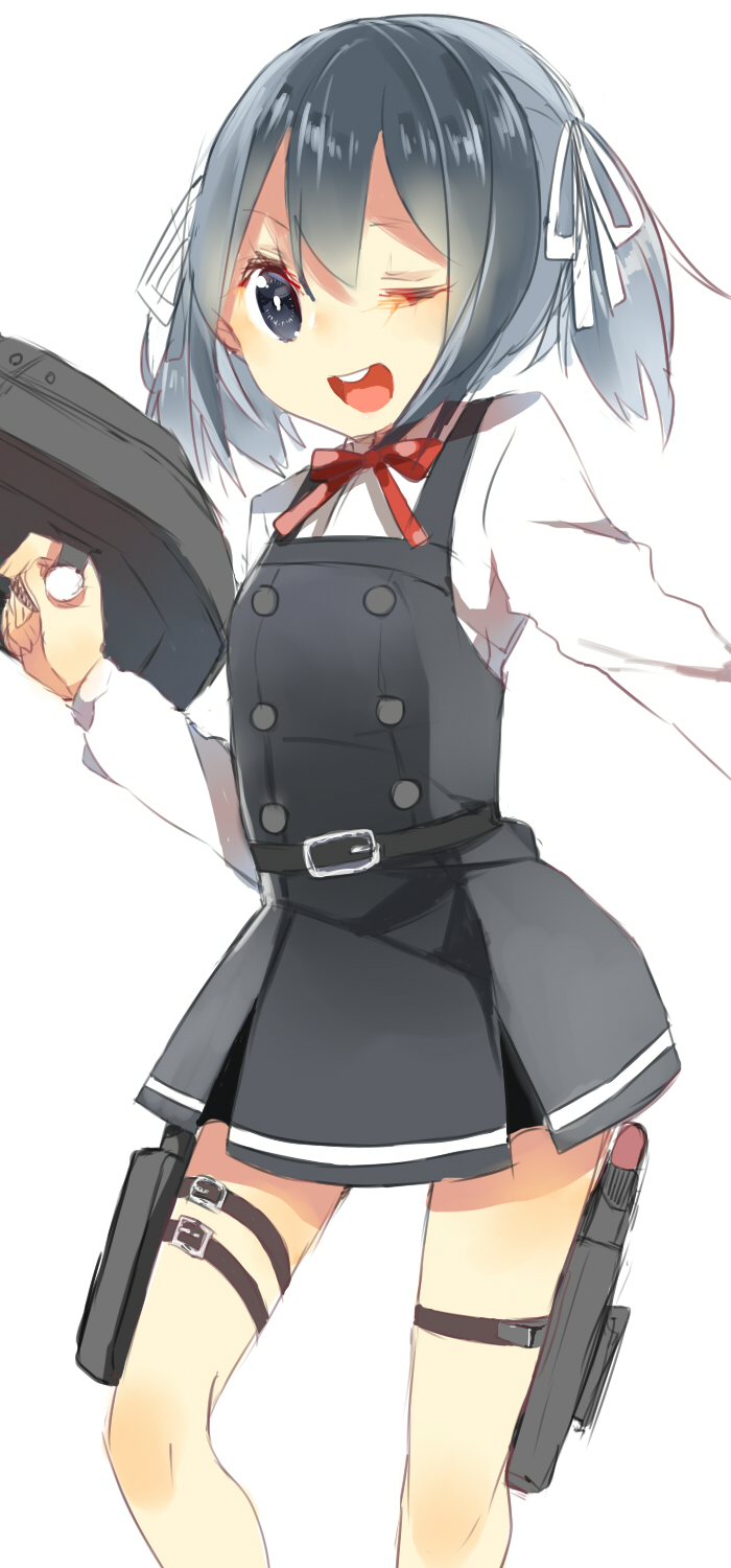 1girl ;d belt blouse buttons caddy_cyd cannon dress grey_hair gun hair_ribbon hat highres holding holding_gun holding_weapon jumper kantai_collection long_hair long_sleeves looking_at_viewer machinery one_eye_closed ooshio_(kantai_collection) open_mouth remodel_(kantai_collection) ribbon round_teeth school_uniform short_hair simple_background sleeveless sleeveless_dress smile solo suspenders teeth torpedo turret twintails weapon white_background white_blouse