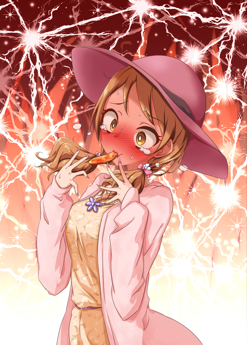 1girl blush brown_eyes brown_hair chigusa commentary_request fingernails food full-face_blush hair_ornament hat houjou_karen idolmaster idolmaster_cinderella_girls idolmaster_cinderella_girls_starlight_stage long_fingernails long_hair long_sleeves low_twintails mouth_hold nail_polish potato_wedges solo sweat tears twintails wide-eyed
