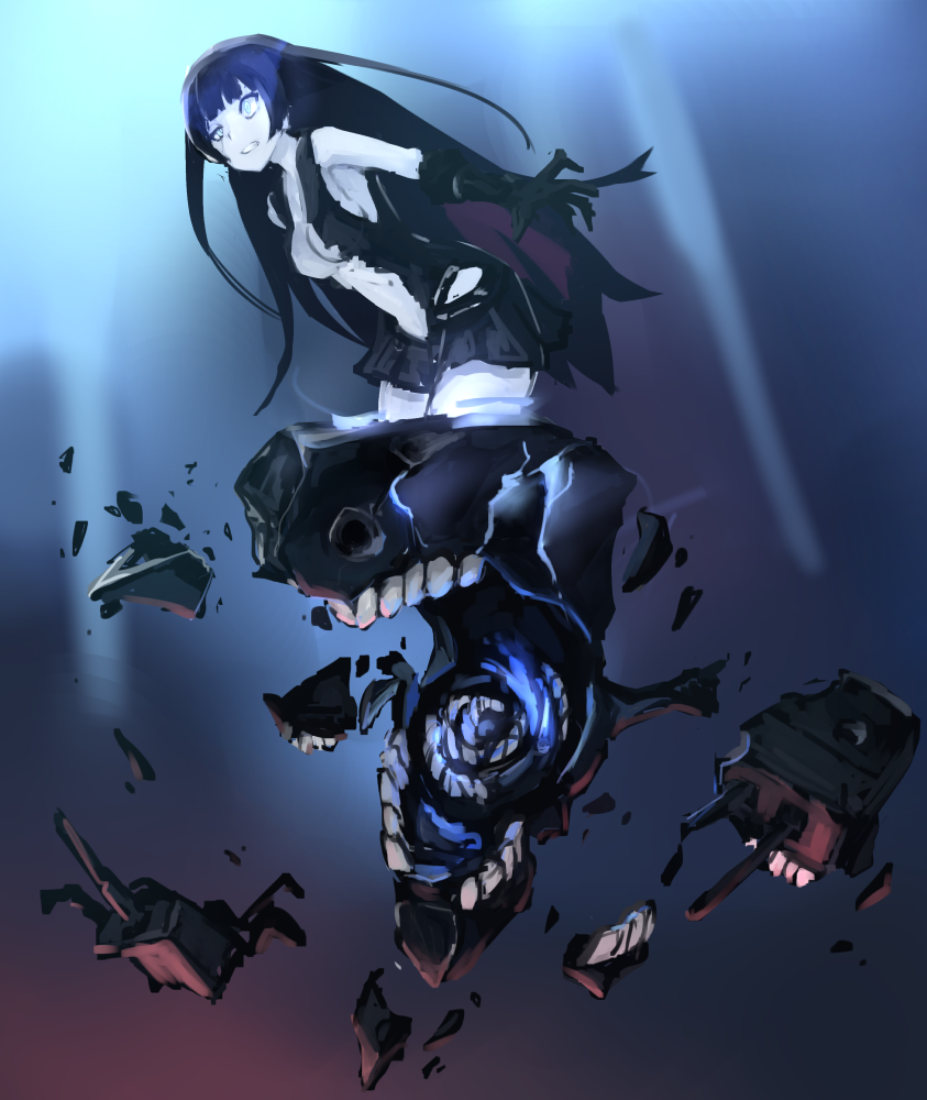 1girl black_hair blue_eyes broken commentary_request damaged elbow_gloves gloves hime_cut kantai_collection light_cruiser_oni long_hair shinkaisei-kan skirt solo torn_clothes underwater weasel_(close-to-the-edge) white_skin wince