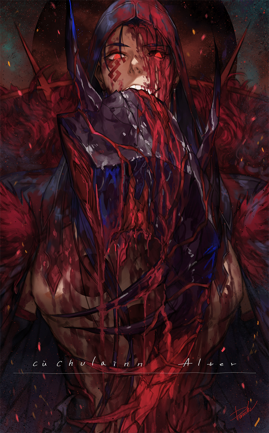 1boy blood character_name cu_chulainn_(fate/grand_order) cu_chulainn_alter_(fate/grand_order) danhu dark_persona fate/grand_order fate_(series) fur_trim grin highres hood lancer looking_at_viewer male_focus mismatched_sclera red_eyes signature smile solo teeth upper_body