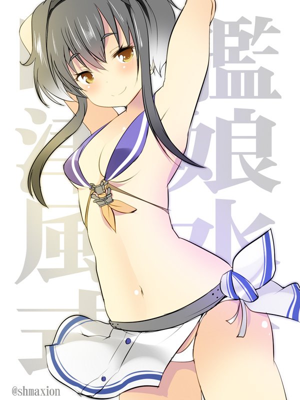 1girl adapted_costume anchor armpits arms_up bikini black_hair breasts brown_eyes gradient_hair grey_hair hair_between_eyes hairband kantai_collection looking_at_viewer maki_(seventh_heaven_maxion) multicolored_hair navel shirt short_hair short_hair_with_long_locks small_breasts smile solo swimsuit tied_shirt tokitsukaze_(kantai_collection) twitter_username