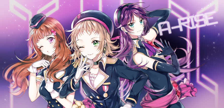 3girls a-rise black_gloves brown_hair elbow_gloves epaulettes gloves green_eyes hat kira_tsubasa long_hair love_live!_school_idol_project multiple_girls n_n_(vbdpsep) one_eye_closed purple_hair shocking_party short_hair toudou_erena violet_eyes white_gloves yuuki_anju