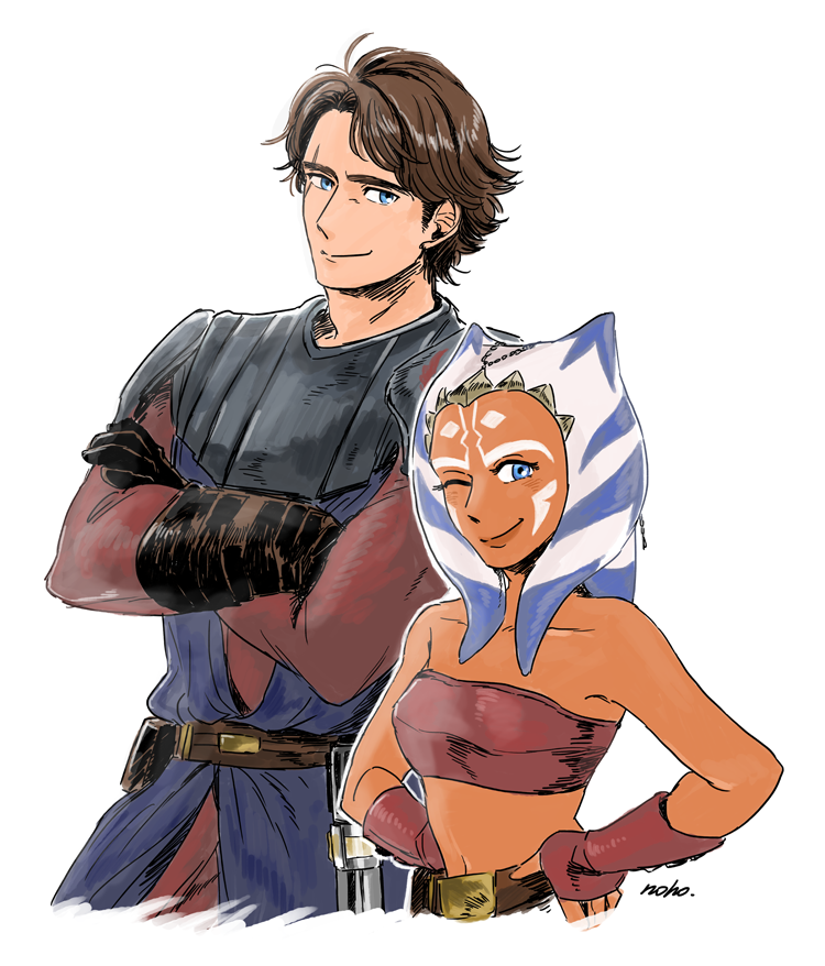 1boy 1girl age_difference ahsoka_tano alien anakin_skywalker armor bare_shoulders belt black_gloves buckle collarbone crossed_arms dark_skin detached_sleeves elbow_gloves energy_sword fingerless_gloves gloves jedi lightsaber looking_at_viewer matsuri6373 midriff navel one_eye_closed scar science_fiction simple_background star_wars star_wars:_the_clone_wars stomach sword togruta upper_body weapon white_background
