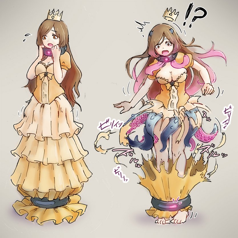 1girl blush breasts brown_eyes brown_hair c-c_(lasshenge) cleavage dress horns large_breasts long_hair monster_girl multicolored_hair open_mouth original pink_hair princess solo tentacles tiara torn_clothes transformation transforming_clothes