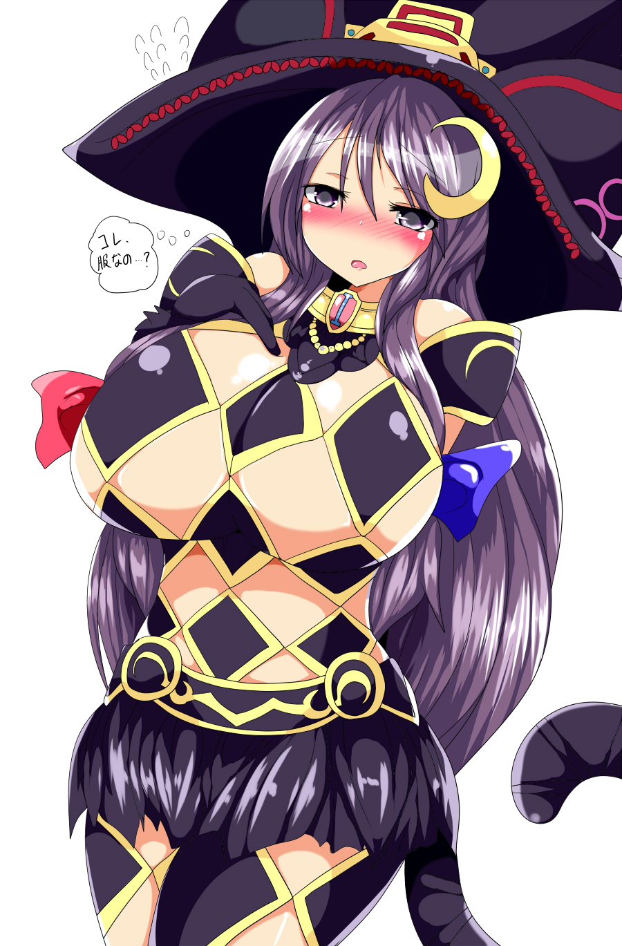 1girl black_gloves blue_ribbon blush breasts checkered commentary_request cosplay crescent crescent_hair_ornament elbow_gloves fiore_burnelli fiore_burnelli_(cosplay) flying_sweatdrops gloves hair_ornament hand_on_own_chest hat highres huge_breasts long_hair looking_at_viewer patchouli_knowledge purple_hair red_ribbon revealing_clothes ribbon solo star_ocean star_ocean_integrity_and_faithlessness taku_(yakumodaisuki) touhou very_long_hair violet_eyes witch_hat