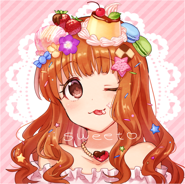 1girl :3 :p bare_shoulders blue21 blush brown_eyes brown_hair candy cookie flower food food_as_clothes food_themed_clothes fruit hair_flower hair_ornament icing idolmaster idolmaster_cinderella_girls jewelry long_hair looking_at_viewer macaron moroboshi_kirari necklace one_eye_closed pudding smile solo star_hair_ornament strawberry tongue tongue_out