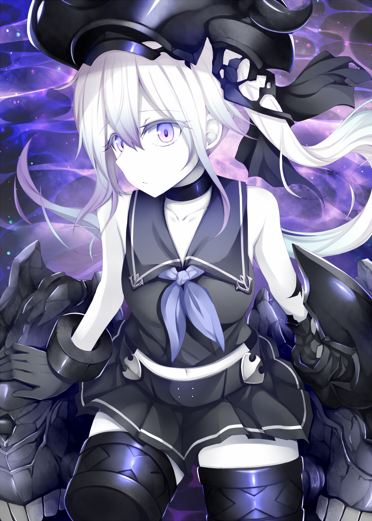 1girl amputee bangs black_gloves collar collarbone cuffs destroyer_hime gloves hair_between_eyes kantai_collection long_hair midriff navel pale_skin revision rui_shi_(rayze_ray) sailor_collar shinkaisei-kan side_ponytail sitting solo violet_eyes white_hair