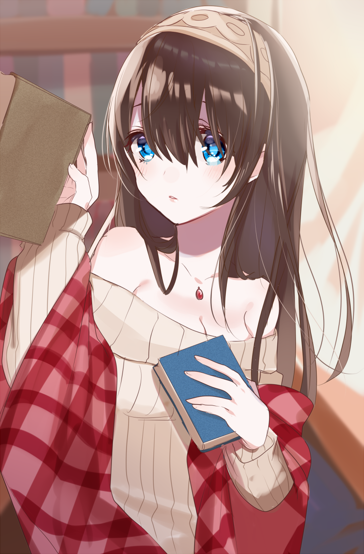 1girl bangs beige_sweater blue_eyes blurry blurry_background blush book breasts brown_hair cleavage depth_of_field eyebrows_visible_through_hair hair_between_eyes hairband holding holding_book idolmaster idolmaster_cinderella_girls jewelry long_hair long_sleeves looking_at_viewer medium_breasts off-shoulder_sweater parted_lips pendant plaid ribbed_sweater sagisawa_fumika shawl sinsihukunokonaka solo sweater very_long_hair