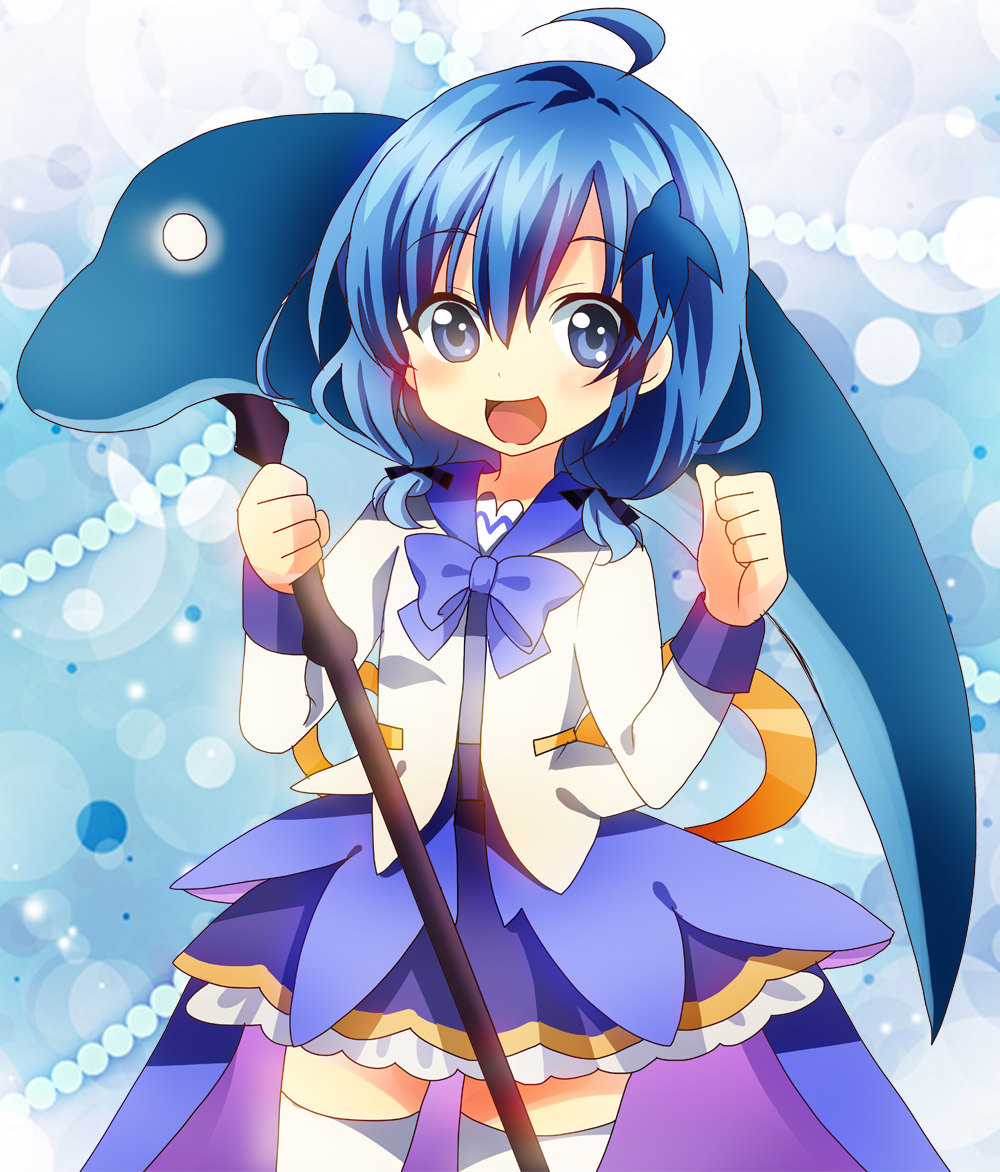 1girl :d ahoge blue blue_background blue_bow blue_eyes blue_hair blue_skirt bow cowboy_shot delphinium_(flower_knight_girl) dolphin flower_knight_girl hair_ornament looking_at_viewer masako_(sabotage-mode) open_mouth scythe shirt short_hair skirt smile solo thigh-highs white_legwear white_shirt