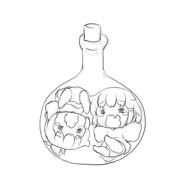 2girls =_= bottle chibi cork crying diaper ikazuchi_(kantai_collection) in_bottle in_container inazuma_(kantai_collection) kantai_collection kotanuki_(kotanukiya) monochrome multiple_girls round-bottom_flask wavy_mouth